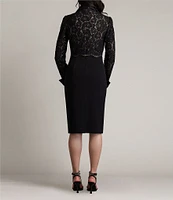 Tadashi Shoji Lace Crepe Collar V-Neckline Long Cuffed Sleeve Dress