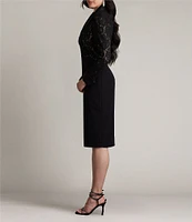 Tadashi Shoji Lace Crepe Collar V-Neckline Long Cuffed Sleeve Dress