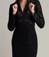 Tadashi Shoji Lace Crepe Collar V-Neckline Long Cuffed Sleeve Dress