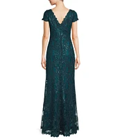 Tadashi Shoji Lace Illusion Boat Neck Short Sleeve Gown