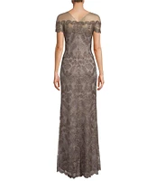 Tadashi Shoji Lace Illusion Off-the-Shoulder Cap Sleeve Gown