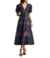 Tadashi Shoji Lace V-Neck Short Puff Sleeve Tiered A-Line Midi Dress