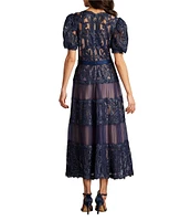 Tadashi Shoji Lace V-Neck Short Puff Sleeve Tiered A-Line Midi Dress