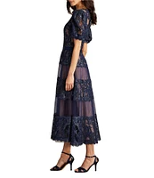 Tadashi Shoji Lace V-Neck Short Puff Sleeve Tiered A-Line Midi Dress