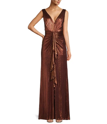 Tadashi Shoji Metallic Jersey V-Neck Sleeveless Ruffle Front Slit Gown