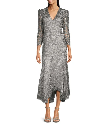 Tadashi Shoji Metallic Sequin Lace V-Neck 3/4 Sleeve Asymmetrical Hem Handkerchief Gown