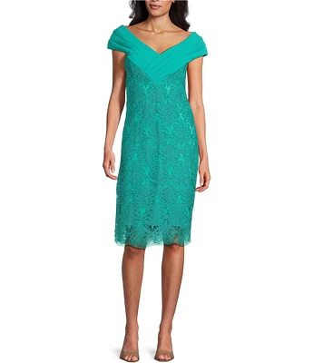 Tadashi Shoji Off-the-Shoulder Cap Sleeve Lace Sheath Dress