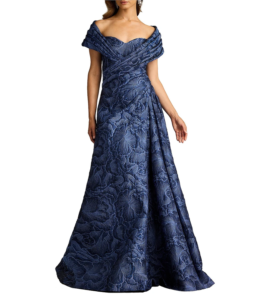 Tadashi Shoji Off-The-Shoulder Drape Front Floral Jacquard A-Line Gown