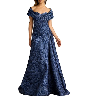 Tadashi Shoji Off-The-Shoulder Drape Front Floral Jacquard A-Line Gown