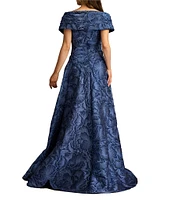 Tadashi Shoji Off-The-Shoulder Drape Front Floral Jacquard A-Line Gown
