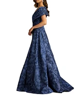Tadashi Shoji Off-The-Shoulder Drape Front Floral Jacquard A-Line Gown