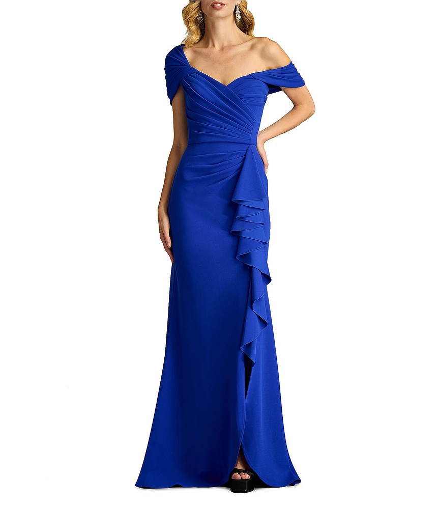 Tadashi Shoji Off the Shoulder Draped Bodice Ruffle Front Gown