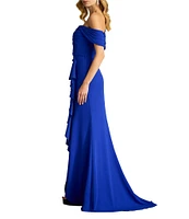 Tadashi Shoji Off the Shoulder Draped Bodice Ruffle Front Gown