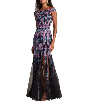 Tadashi Shoji Off The Shoulder Floral Print Chiffon Ribbon Mermaid Gown