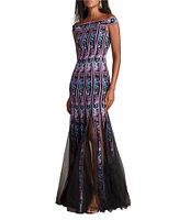 Tadashi Shoji Off The Shoulder Floral Print Chiffon Ribbon Mermaid Gown