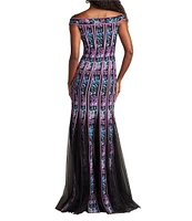 Tadashi Shoji Off The Shoulder Floral Print Chiffon Ribbon Mermaid Gown