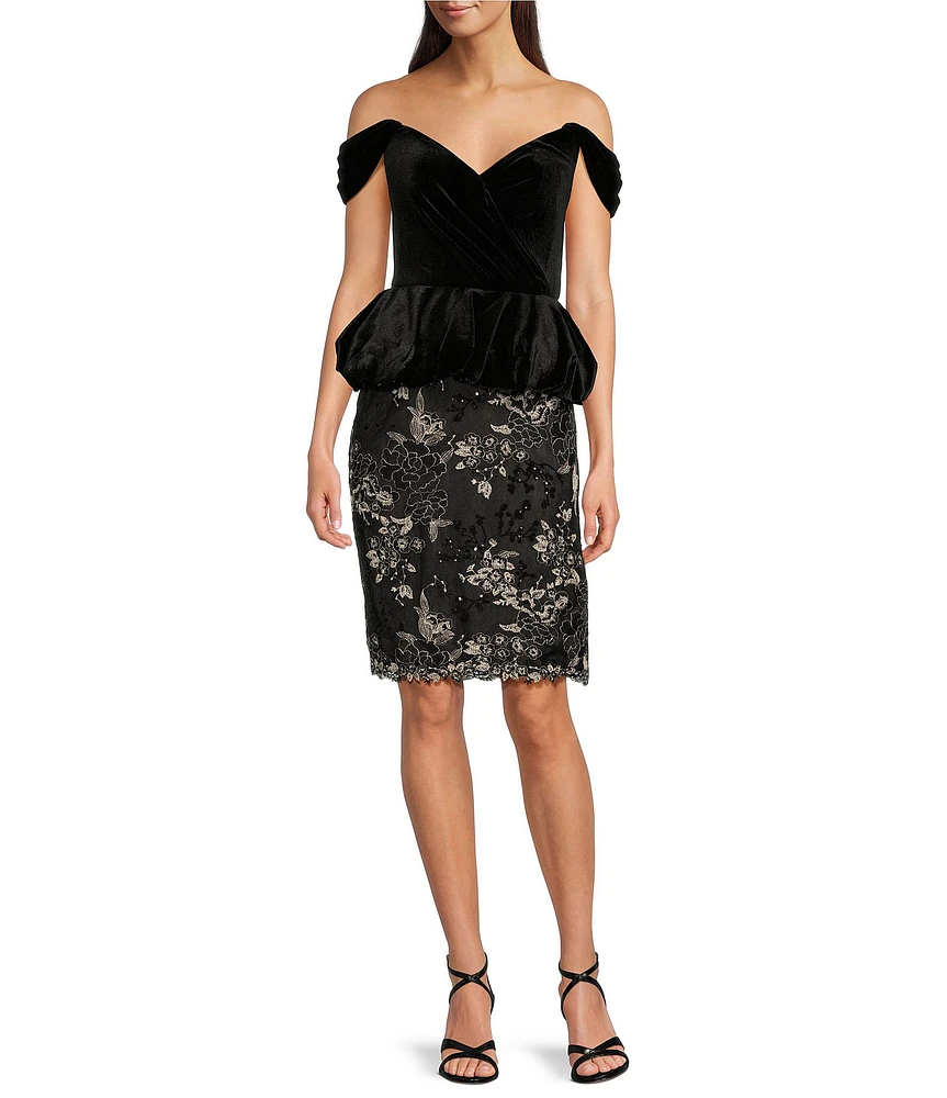 Tadashi Shoji Off-The-Shoulder Mixed Media Peplum Dress