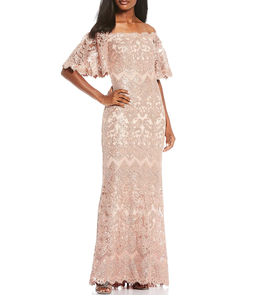 Tadashi Shoji Off-the-Shoulder Short Flutter Sleeve Sequin Lace Scalloped Hem Gown