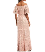 Tadashi Shoji Off-the-Shoulder Short Flutter Sleeve Sequin Lace Scalloped Hem Gown