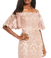 Tadashi Shoji Off-the-Shoulder Short Flutter Sleeve Sequin Lace Scalloped Hem Gown