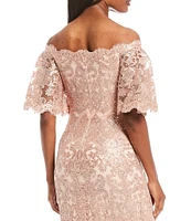 Tadashi Shoji Off-the-Shoulder Short Flutter Sleeve Sequin Lace Scalloped Hem Gown