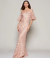 Tadashi Shoji Off-the-Shoulder Short Flutter Sleeve Sequin Lace Scalloped Hem Gown