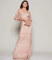 Tadashi Shoji Off-the-Shoulder Short Flutter Sleeve Sequin Lace Scalloped Hem Gown