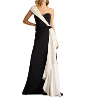 Tadashi Shoji One Shoulder Contrast Drape Front Crepe Sheath Gown