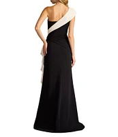 Tadashi Shoji One Shoulder Contrast Drape Front Crepe Sheath Gown