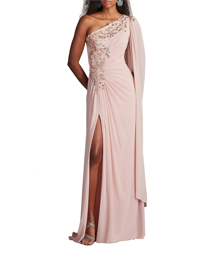 Tadashi Shoji One Shoulder Embroidered Lace Trim Capelet Sleeve Chiffon Sheath Gown