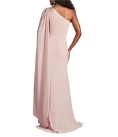 Tadashi Shoji One Shoulder Embroidered Lace Trim Capelet Sleeve Chiffon Sheath Gown