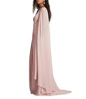 Tadashi Shoji One Shoulder Embroidered Lace Trim Capelet Sleeve Chiffon Sheath Gown