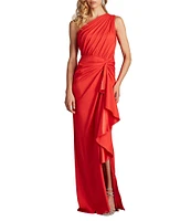Tadashi Shoji One Shoulder Ruffle Front Crepe Column Gown