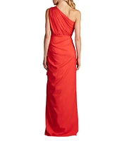 Tadashi Shoji One Shoulder Ruffle Front Crepe Column Gown