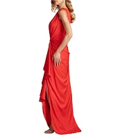 Tadashi Shoji One Shoulder Ruffle Front Crepe Column Gown