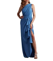 Tadashi Shoji One Shoulder Ruffle Front Crepe Column Gown