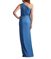 Tadashi Shoji One Shoulder Ruffle Front Crepe Column Gown