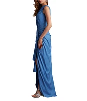 Tadashi Shoji One Shoulder Ruffle Front Crepe Column Gown