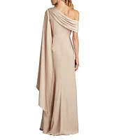 Tadashi Shoji One Shoulder Scarf Sleeve Side Twist Crepe Sheath Gown