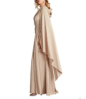 Tadashi Shoji One Shoulder Scarf Sleeve Side Twist Crepe Sheath Gown