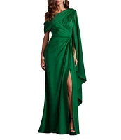 Tadashi Shoji One Shoulder Scarf Sleeve Side Twist Crepe Sheath Gown