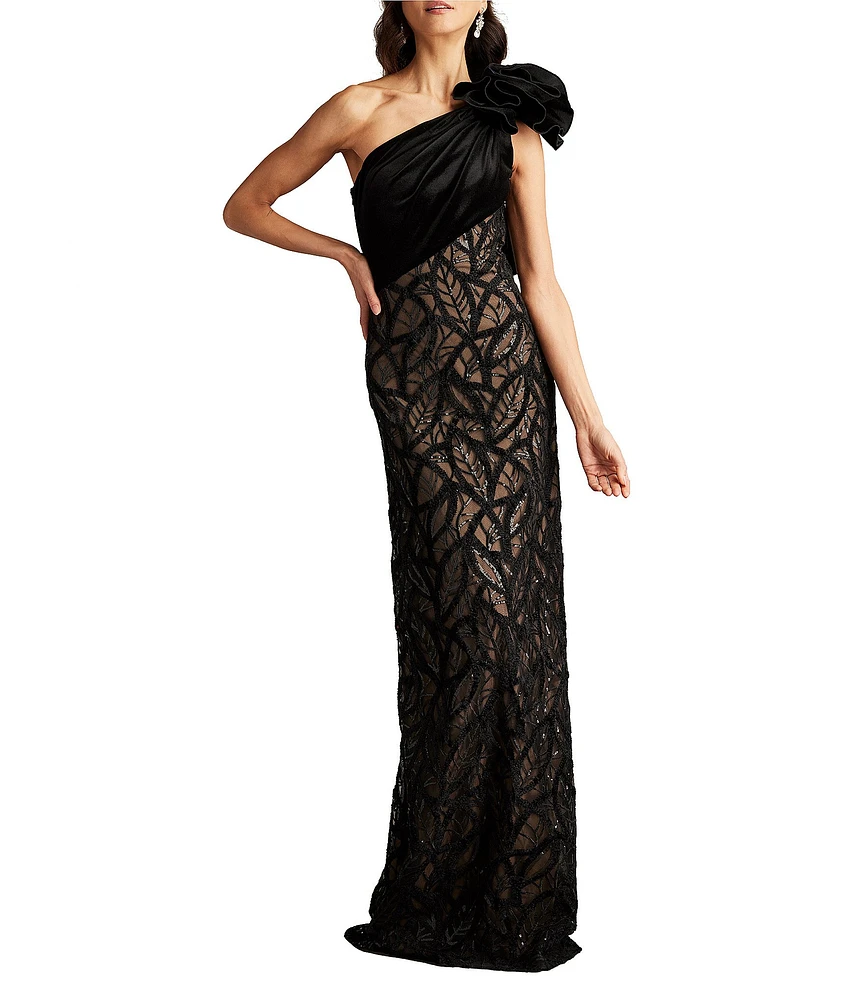 Tadashi Shoji One Shoulder Velvet Flower Chenille Embroidered Lace Gown