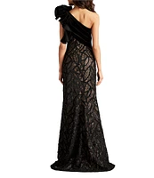 Tadashi Shoji One Shoulder Velvet Flower Chenille Embroidered Lace Gown