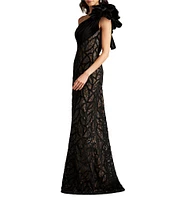 Tadashi Shoji One Shoulder Velvet Flower Chenille Embroidered Lace Gown