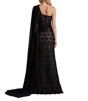 Tadashi Shoji Pleated Draped One Shoulder Lace Sheath Gown