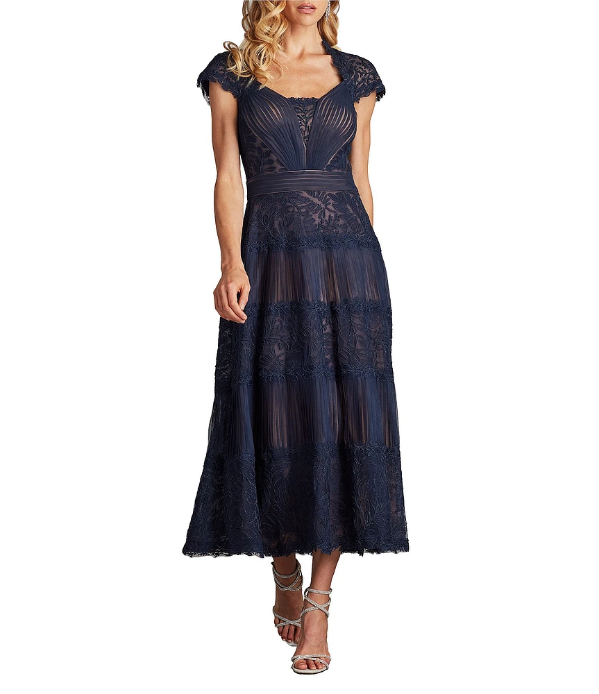 Tadashi Shoji Pleated Lace Scoop Neck Cap Sleeve Embroidered A-Line Gown