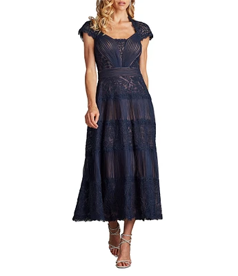 Tadashi Shoji Pleated Lace Scoop Neck Cap Sleeve Embroidered A-Line Gown