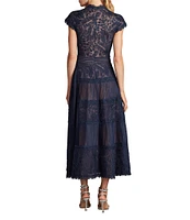 Tadashi Shoji Pleated Lace Scoop Neck Cap Sleeve Embroidered A-Line Gown