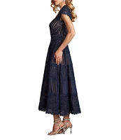 Tadashi Shoji Pleated Lace Scoop Neck Cap Sleeve Embroidered A-Line Gown
