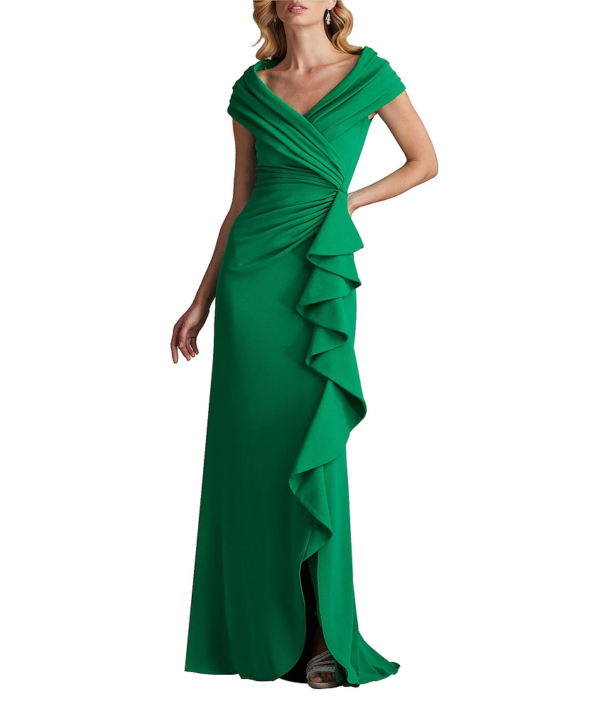 Tadashi Shoji Pleated Portrait Collar Ruffle Front Crepe Sheath Gown